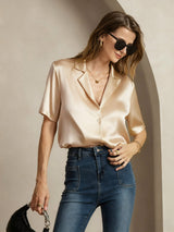 [Champagne] SilkSilky-UK Short Sleeve Lapel Collar Women's Shirt 001