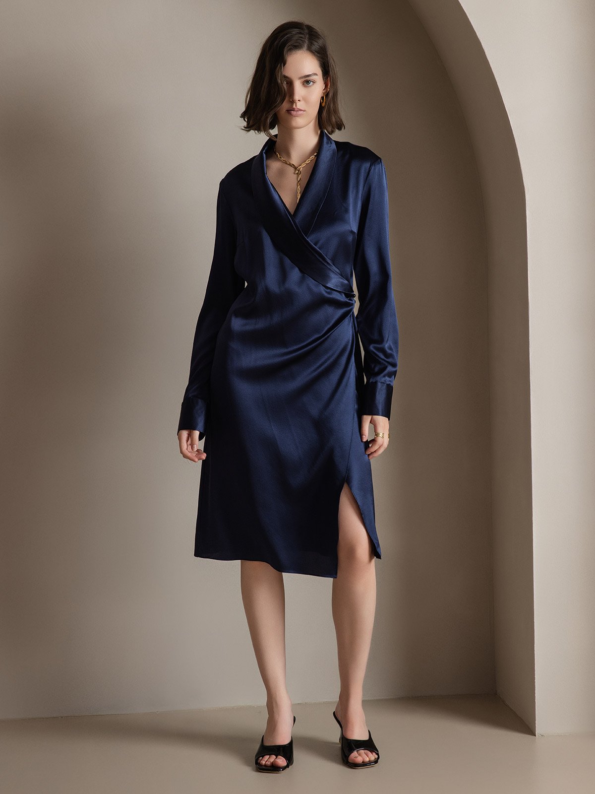 [Dark Blue] SilkSilky-UK 19Momme Silk V Neck Dress 003