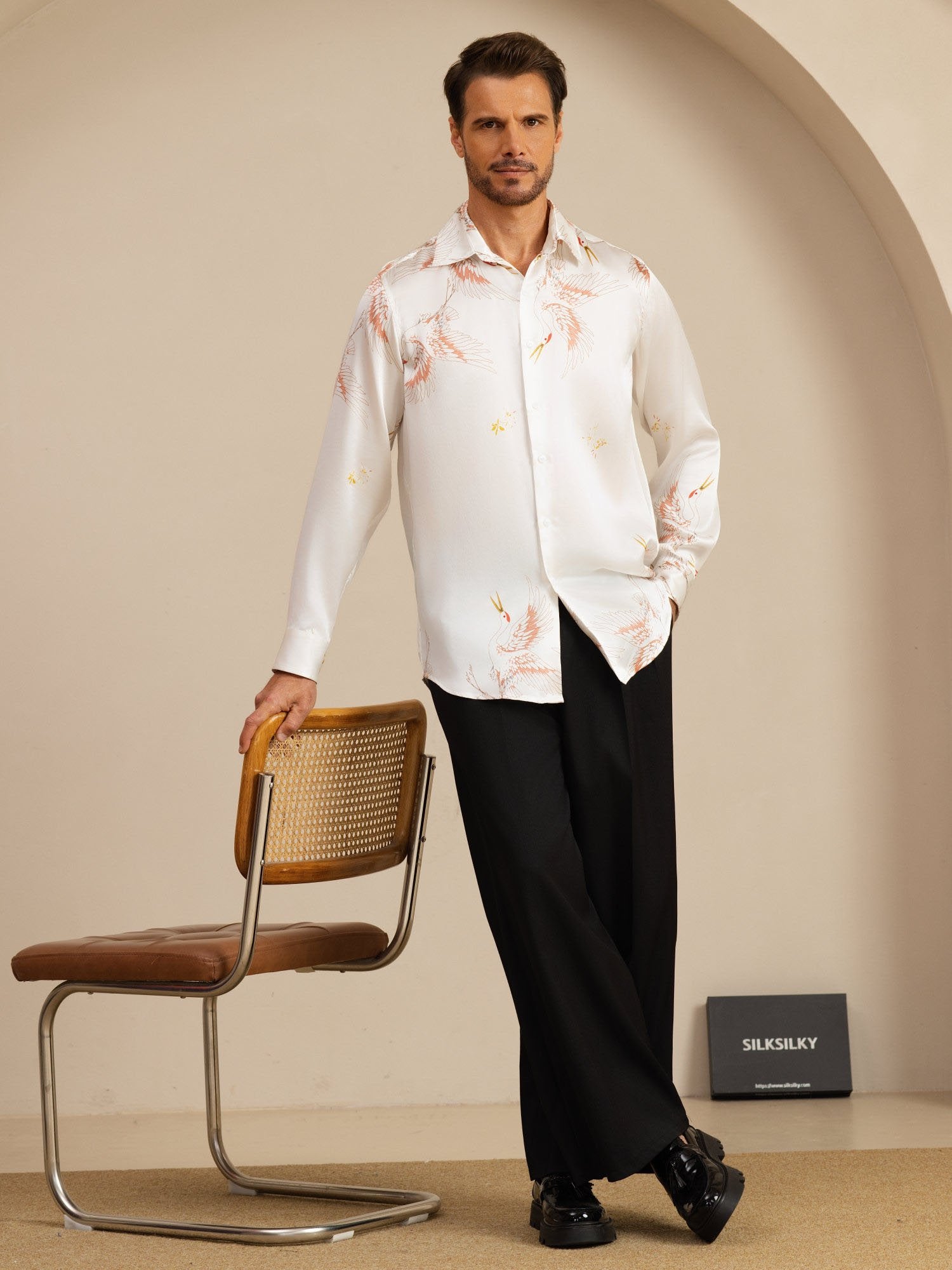 [White] SilkSilky-UK 19Momme Long Sleeve Lapel Collar Men's Shirt 006