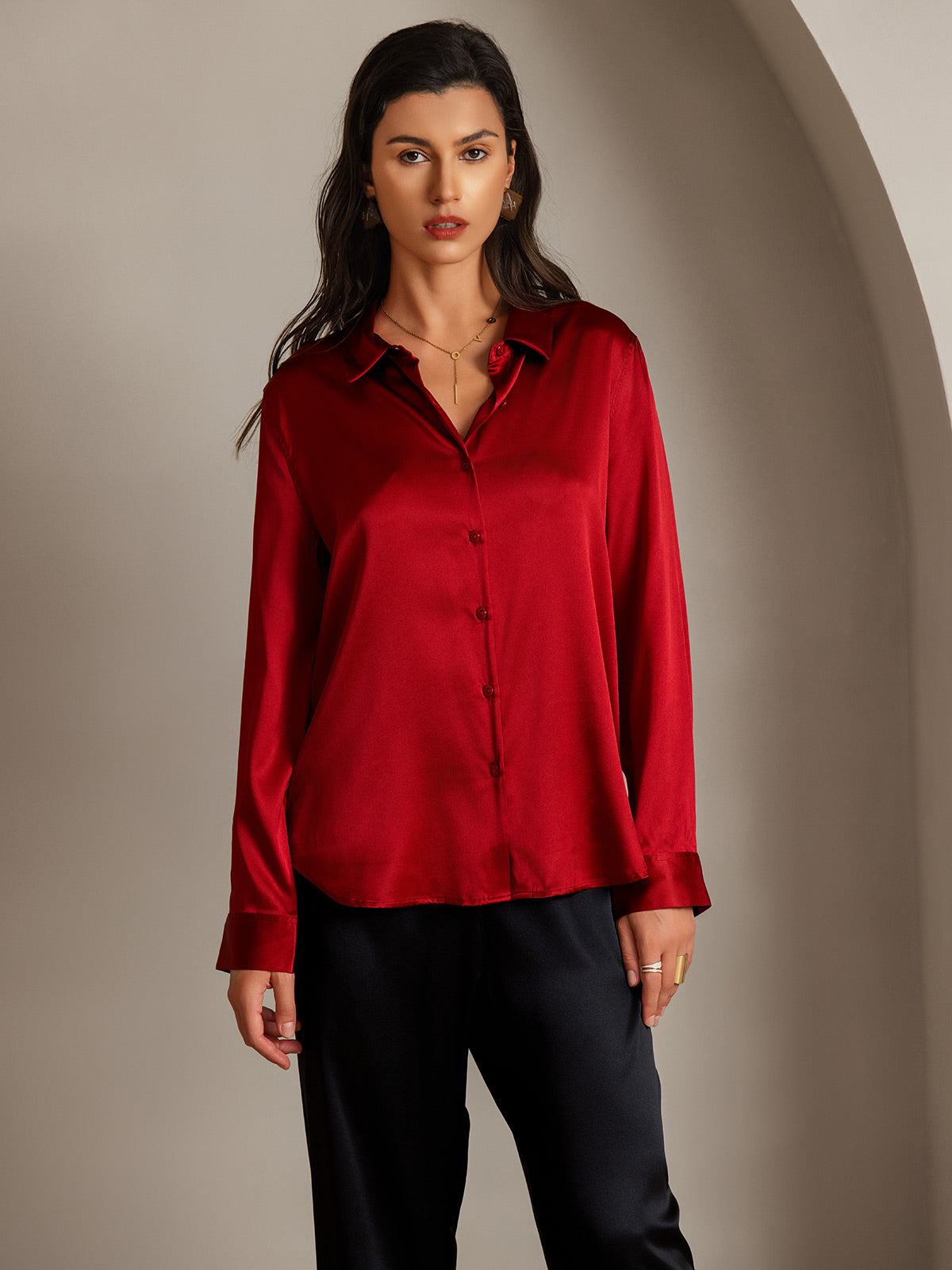 [Red] SilkSilky-UK 19Momme Stretch Silk Charmeuse Long Sleeve Lapel Collar Women's Shirt 003