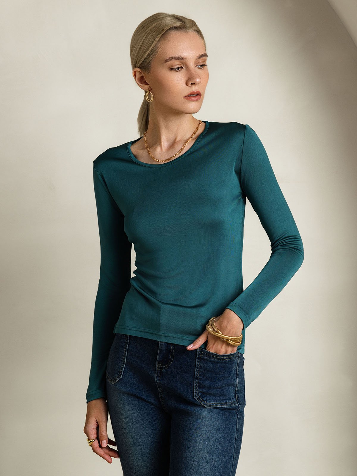[Dark Green] SilkSilky-UK Silk Long Sleeve Round Neck Women's T-Shirt 001