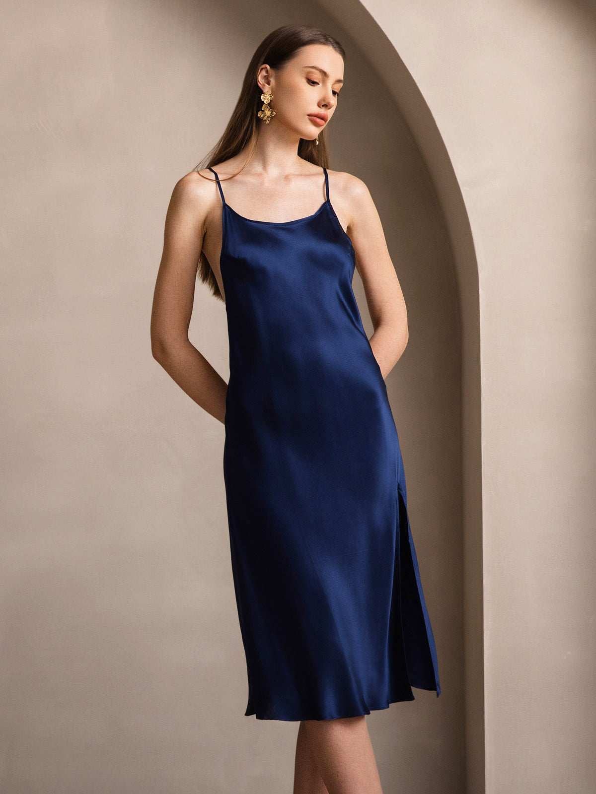[Dark Blue] SilkSilky-UK Pure Silk Round Neck Dress 001