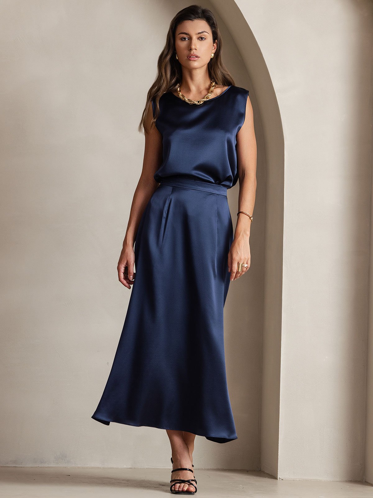[Dark Blue] SilkSilky-UK 19Momme Stretch Silk Charmeuse Skirt 005