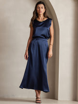 [Dark Blue] SilkSilky-UK 19Momme Stretch Silk Charmeuse Skirt 005