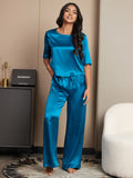 SilkSilky UK Pure Silk Half Sleeve Round Neck Women's Pyjamas Teal 004