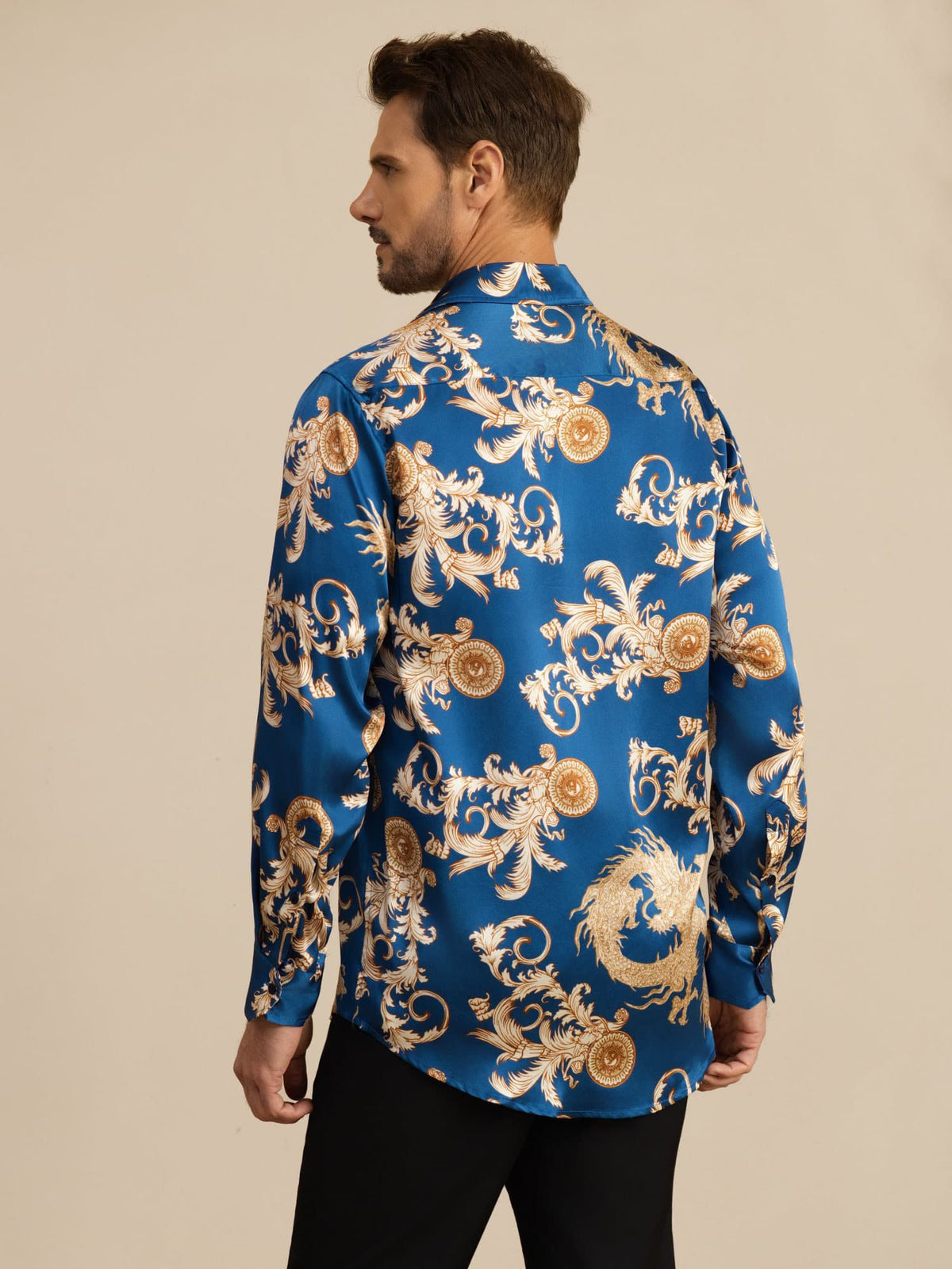 [Navy Dragon] SilkSilky-UK Long Sleeve Lapel Collar Men's Shirt 002