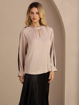[Tan] SilkSilky-UK Long Sleeve Keyhole Neck Women's Blouse 004