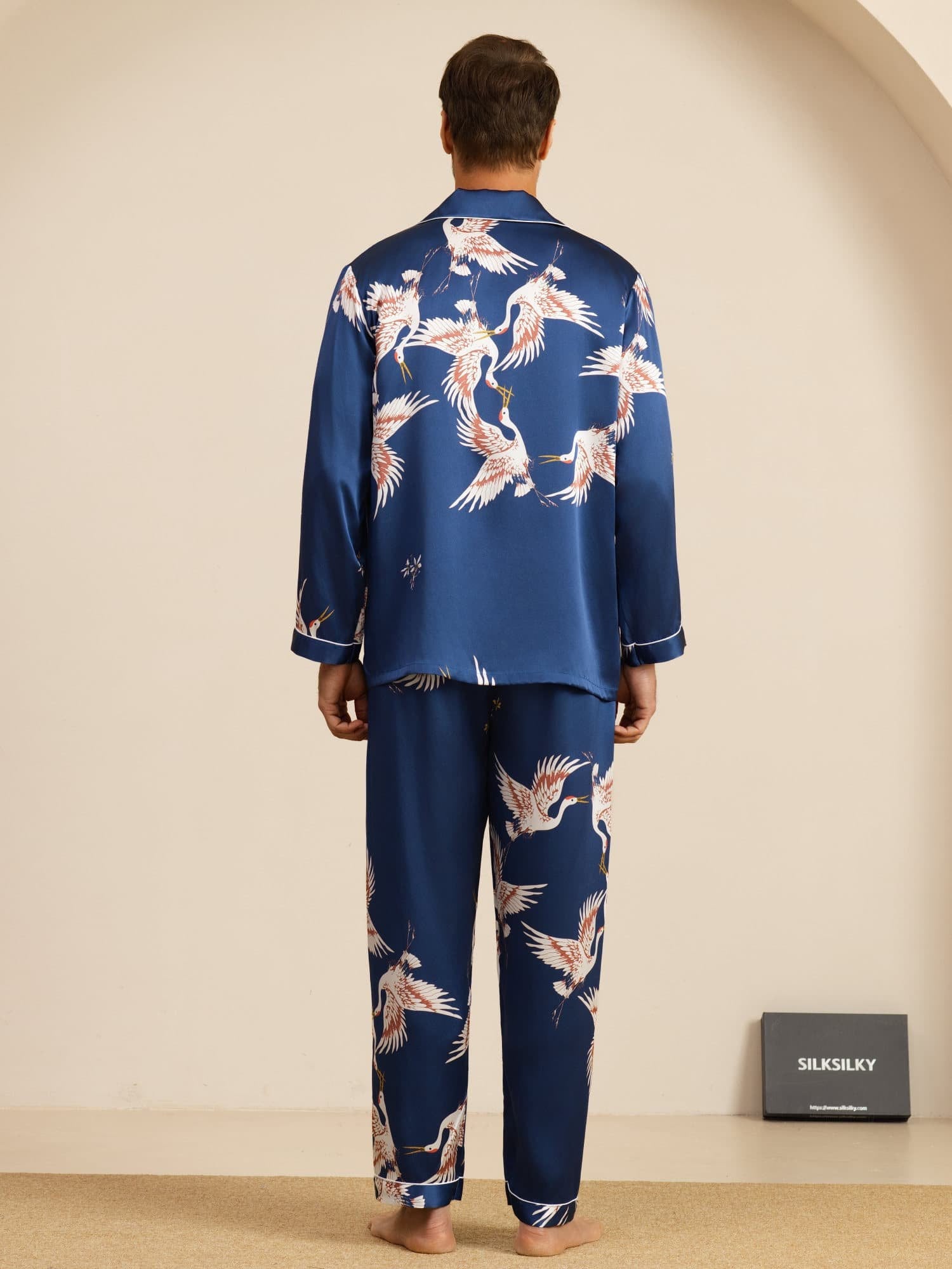 [Dark Blue] SilkSilky-UK 19Momme Long Sleeve Notch Collar Men's Pyjamas 002