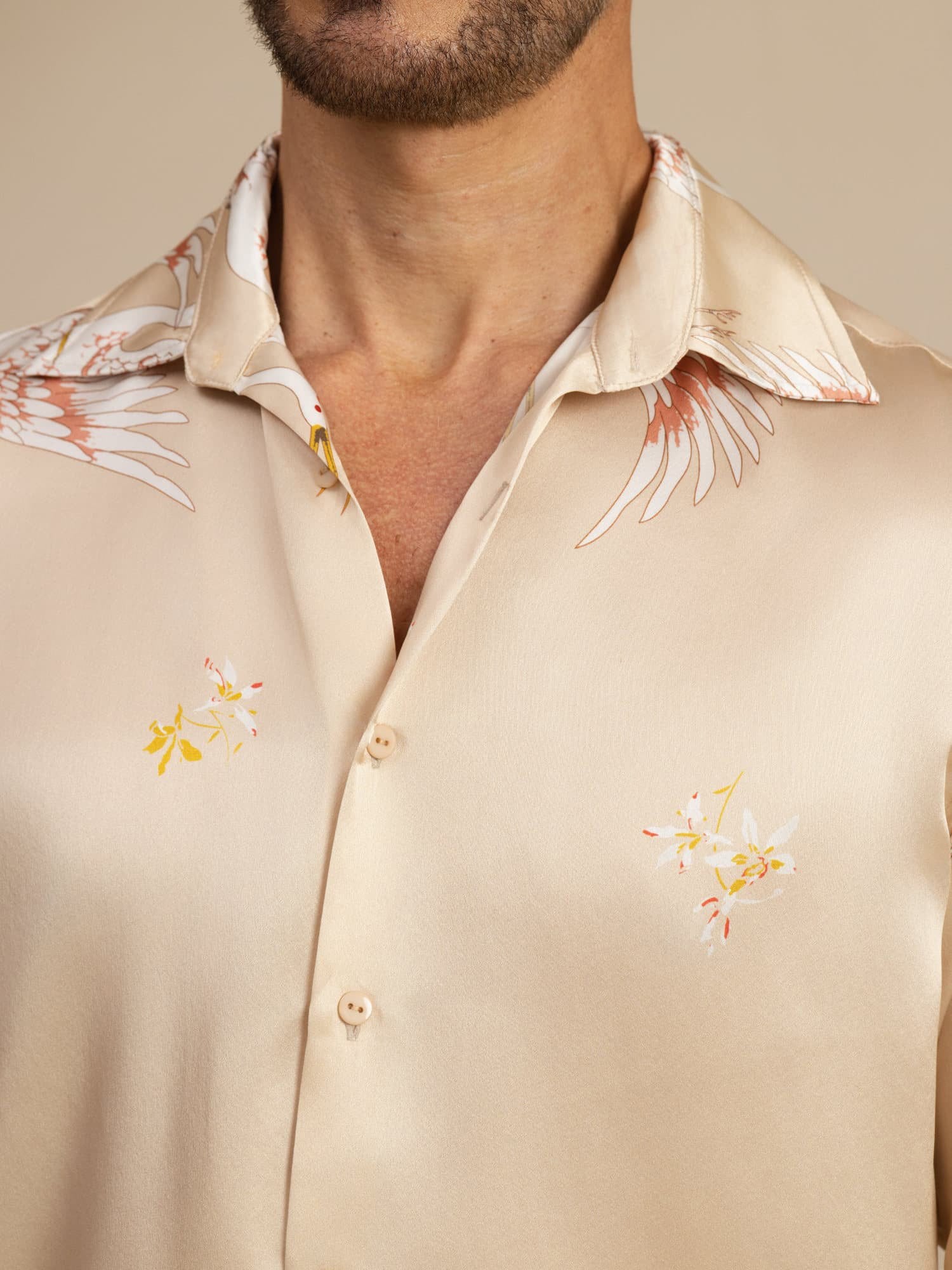 [Champagne] SilkSilky-UK 19Momme Long Sleeve Lapel Collar Men's Shirt 006