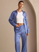 [Blue Pinstripe] SilkSilky-UK Long Sleeve Lapel Collar Women's Outfit Sets 003