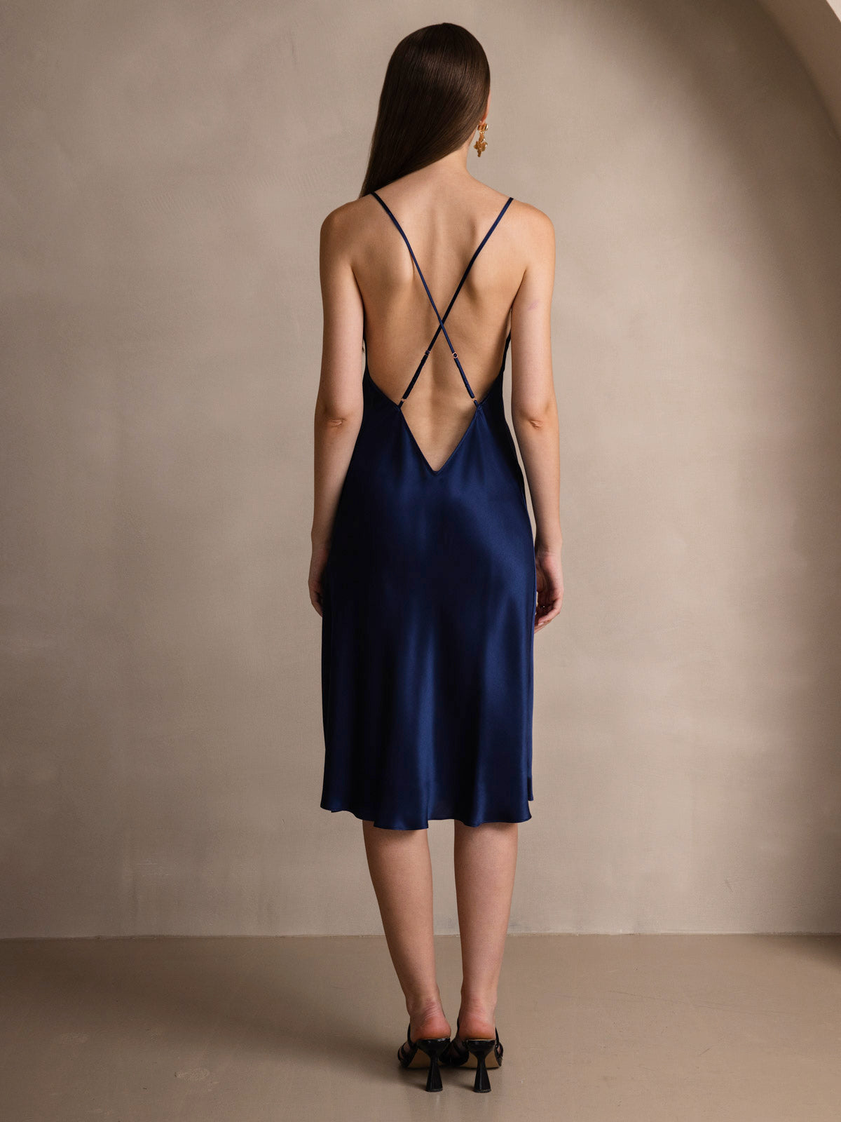 [Dark Blue] SilkSilky-UK Pure Silk Round Neck Dress 002