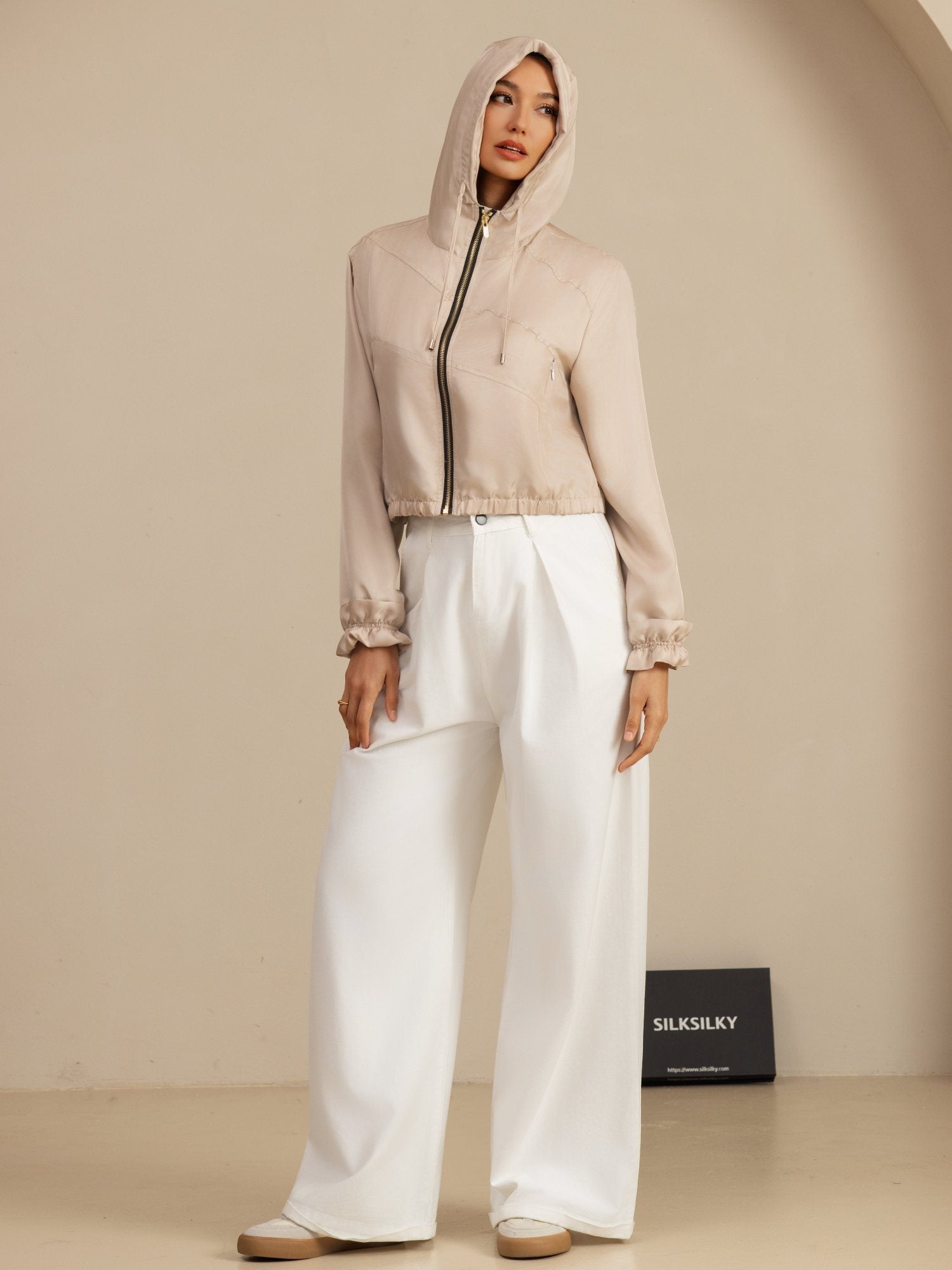 [Tan] SilkSilky-UK 18Momme Silk Satin Surah Long Sleeve High Neck Women's Outerwear 007