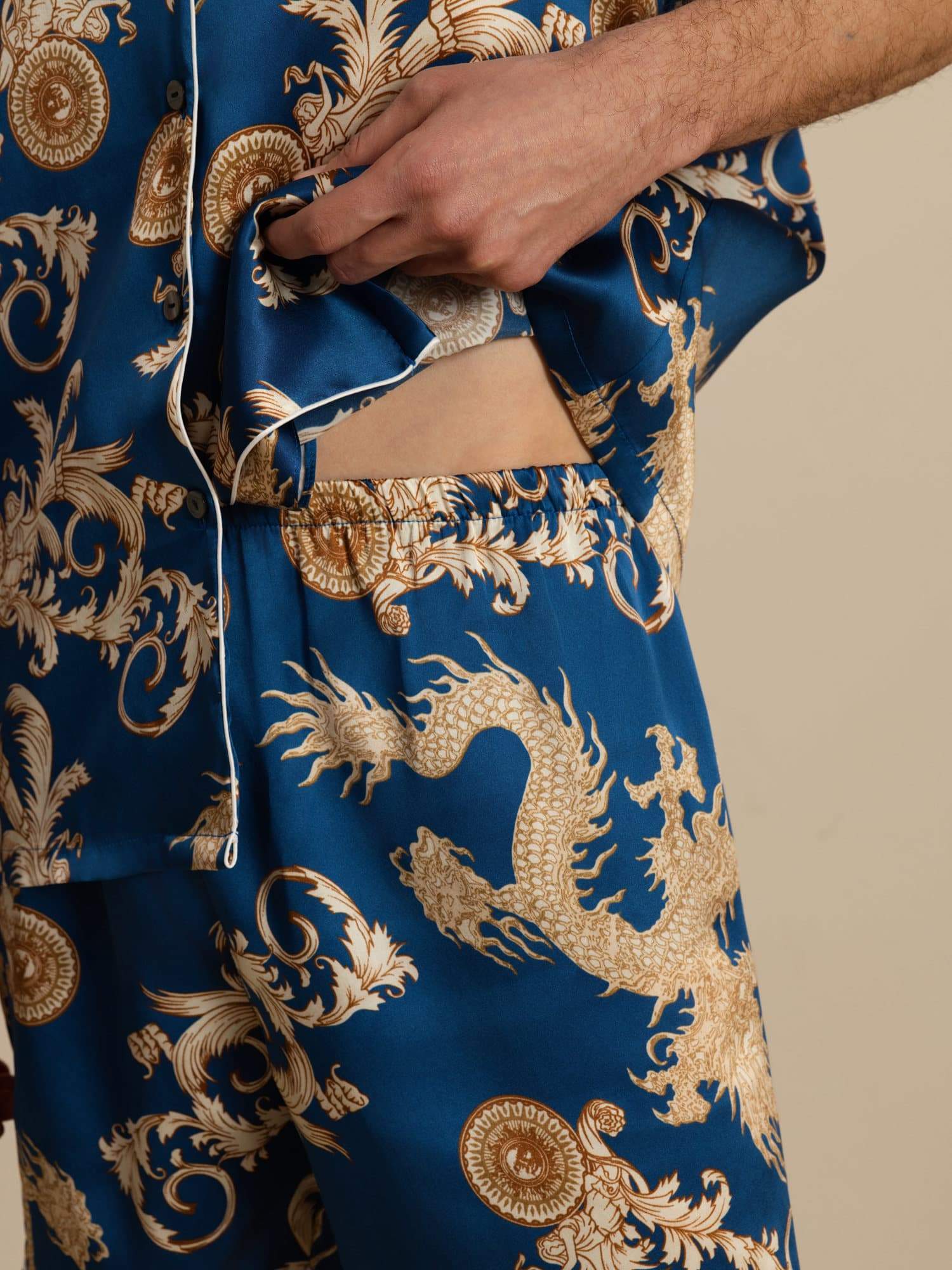 [Navy Dragon] SilkSilky-UK Short Sleeve Notch Collar Men's Pyjamas 005