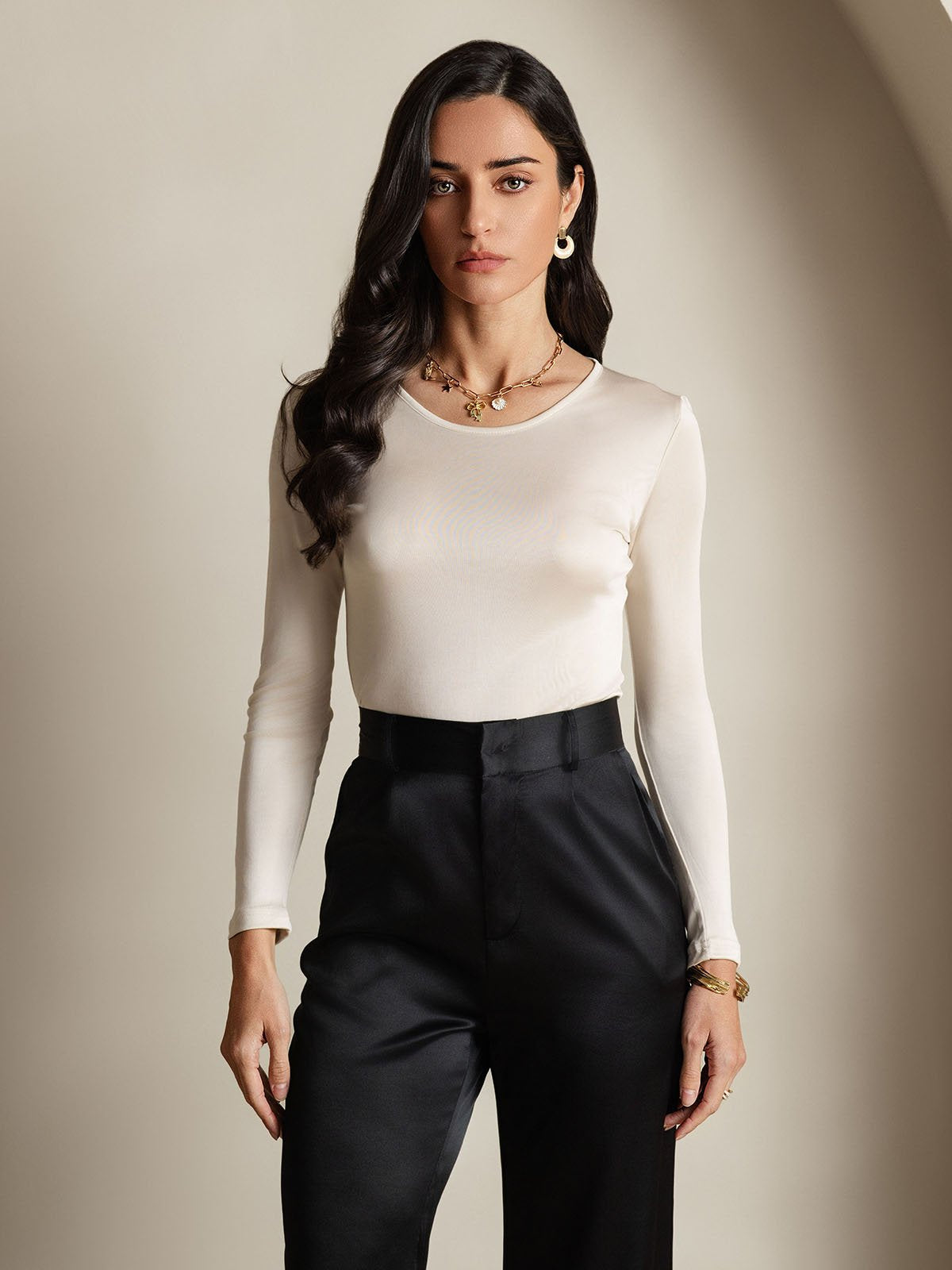 [Beige] SilkSilky-UK Silk Jersey Long Sleeve Round Neck Women's T-Shirt 001