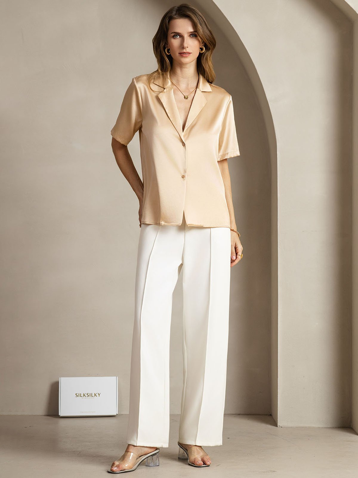 [Champagne] SilkSilky-UK 19Momme Silk Notched Neck Women's Shirt 003