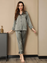 [Grayish Green] SilkSilky-UK Pure Silk Long Sleeve Notch Collar Women's Pyjamas 003