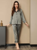 SilkSilky UK Pure Silk Long Sleeve Lapel Women's Pyjamas GrayishGreen 003