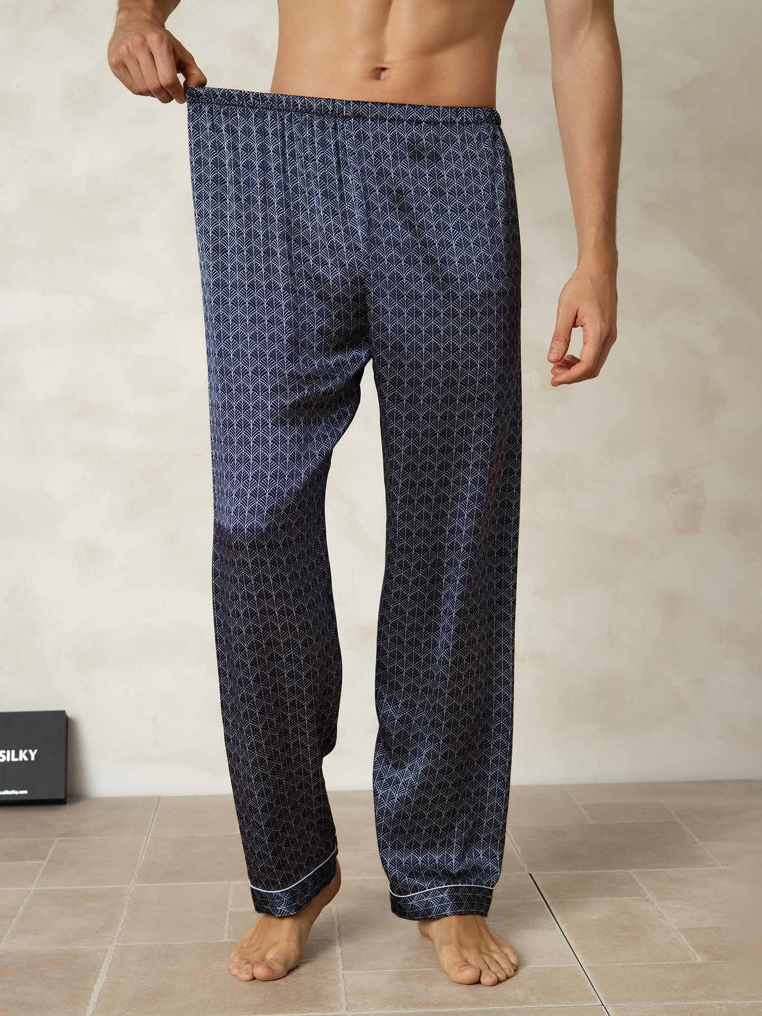 [Navy Ginkgo] SilkSilky-UK Pure Silk Mens Sleep Bottoms 003