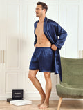 SilkSilky UK Pure Silk 3/4 Sleeve Lapel Men's Dressing Gown DarkBlue 006