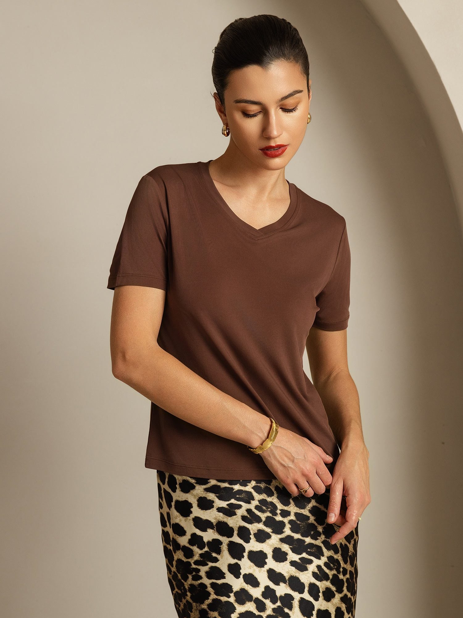 [Coffee] SilkSilky-UK Pure Silk V Neck Women's T-Shirt 006