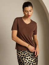 [Coffee] SilkSilky-UK Short Sleeve V Neck Women's T-Shirt 006