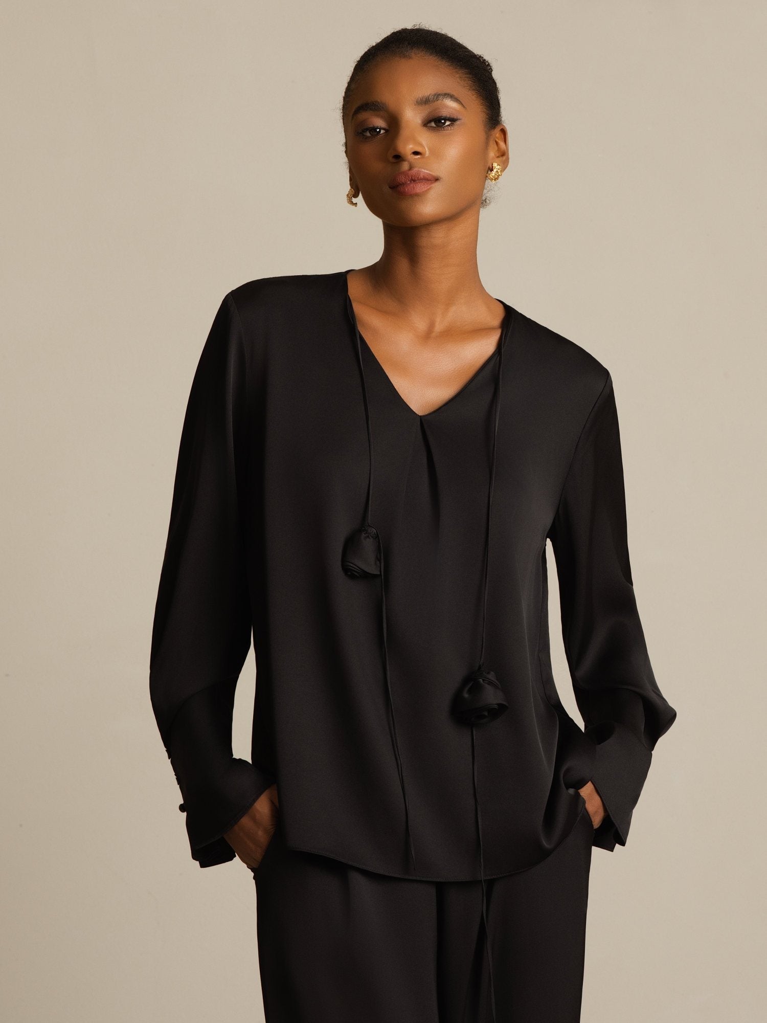 [Black] SilkSilky-UK 19Momme Stretch Silk Double Georgette Long Sleeve V Neck Blouse 001