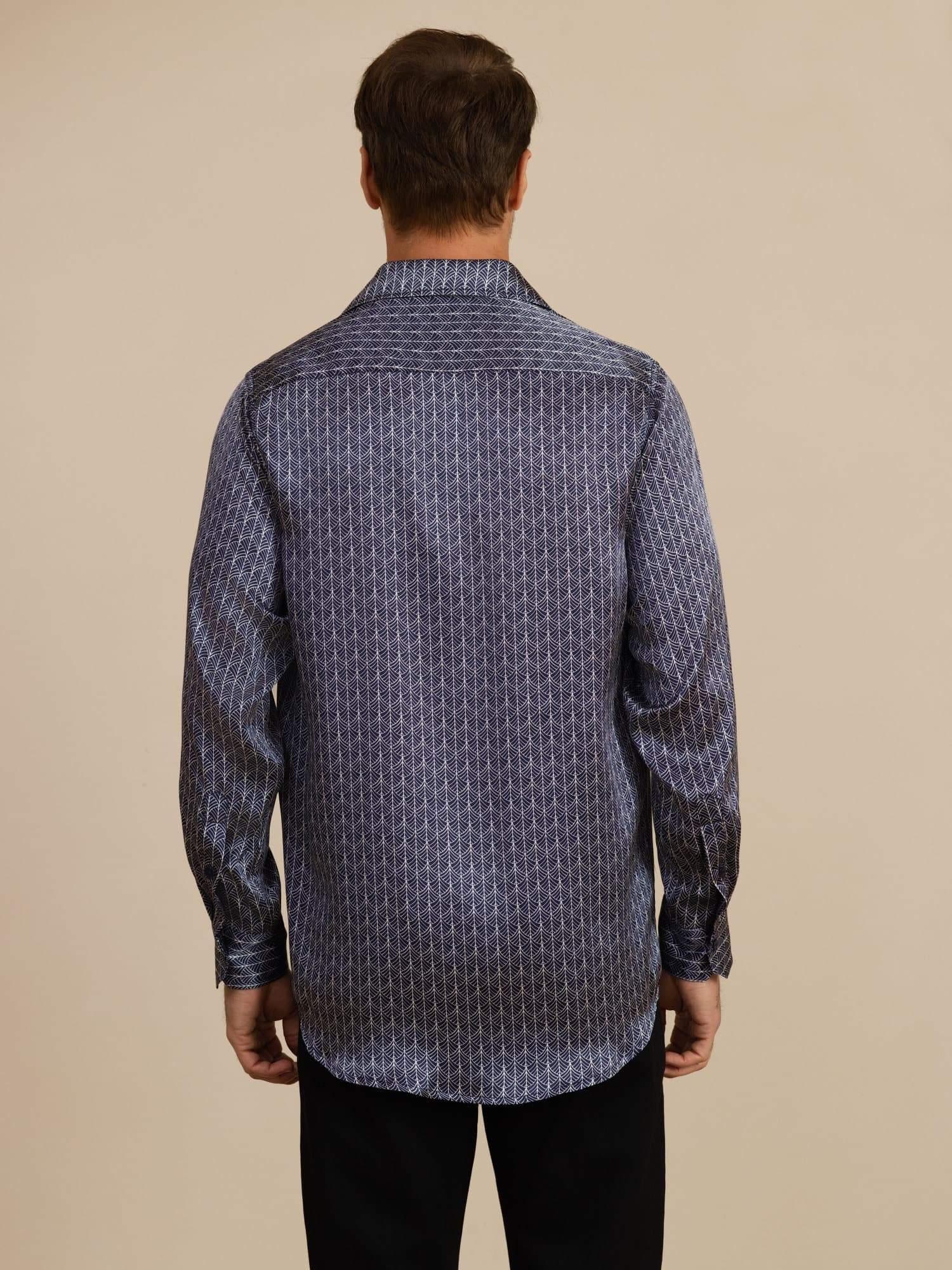 [Navy Ginkgo] SilkSilky-UK Long Sleeve Lapel Collar Men's Shirt 002