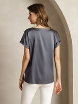 [Dark Gray] SilkSilky-UK Short Sleeve Boat Neck Women's T-Shirt 002