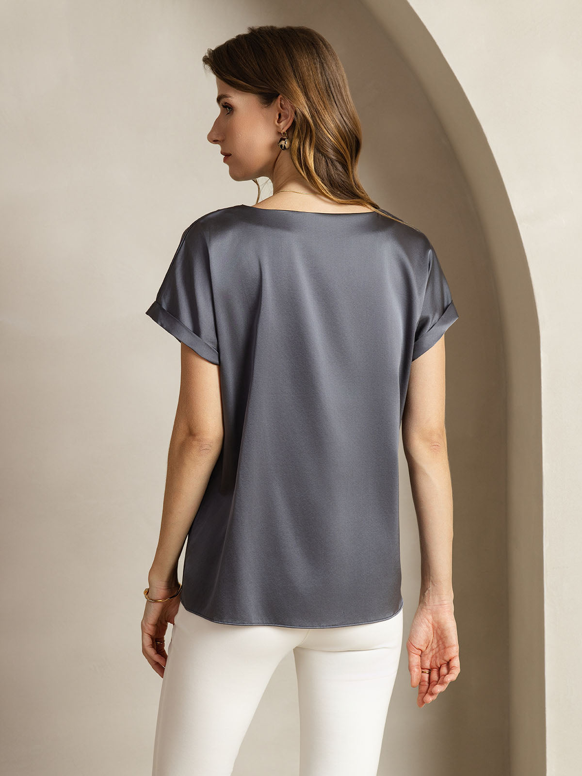 [Dark Gray] SilkSilky-UK 19Momme Silk Short Sleeve Round Neck Women's T-Shirt 002