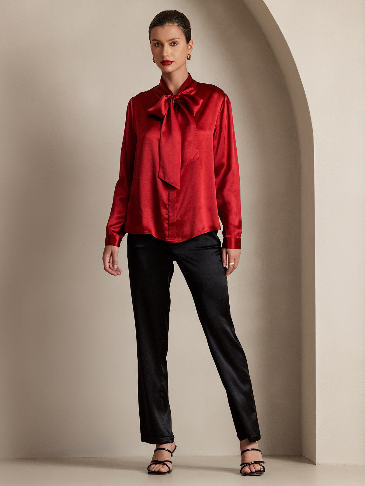 [Wine] SilkSilky-UK 19Momme Silk Long Sleeve Tie Neck Women's Shirt 005