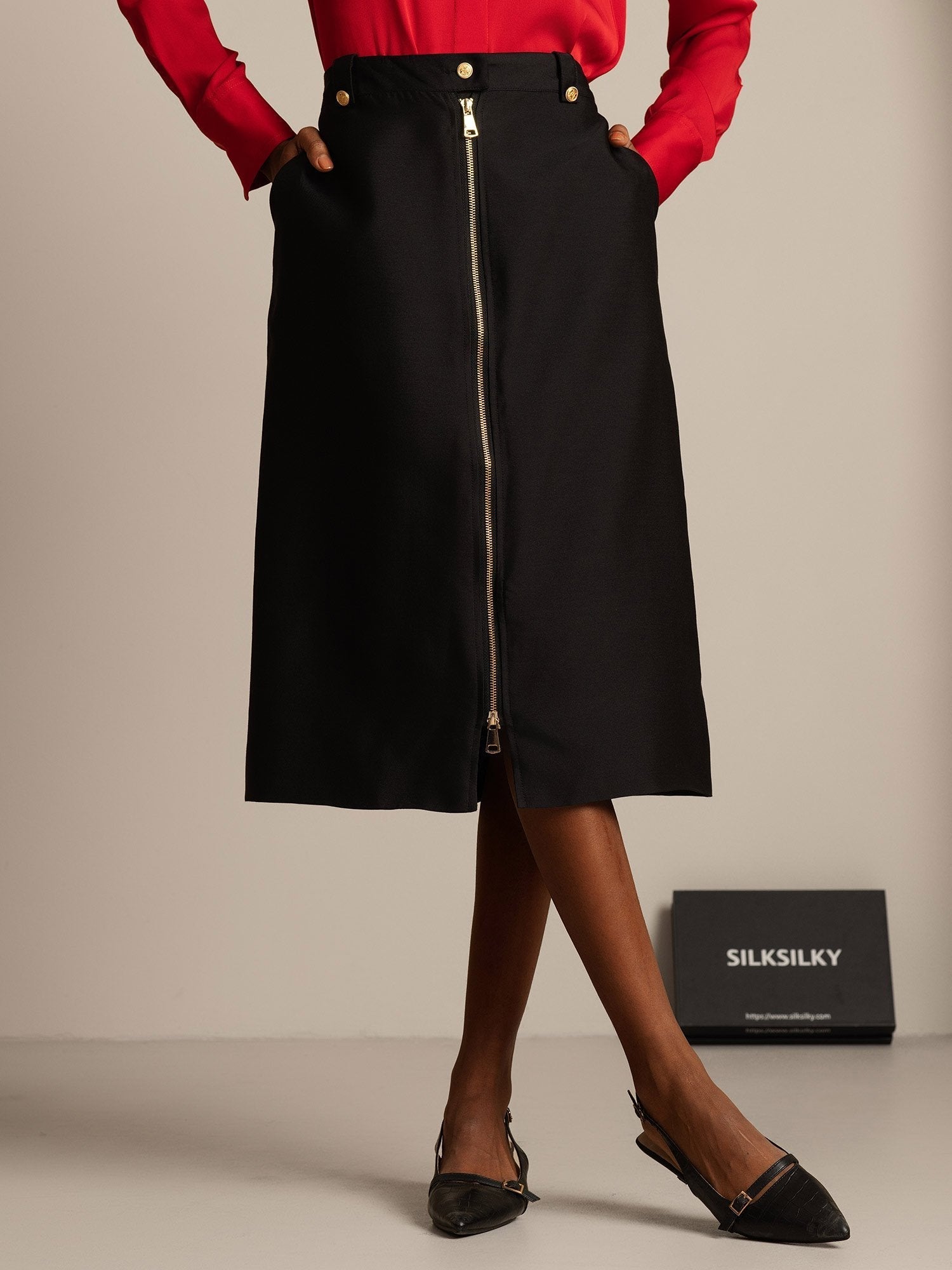 [Black] SilkSilky-UK 32Momme Silk-Wool Blend Split Skirt 001,