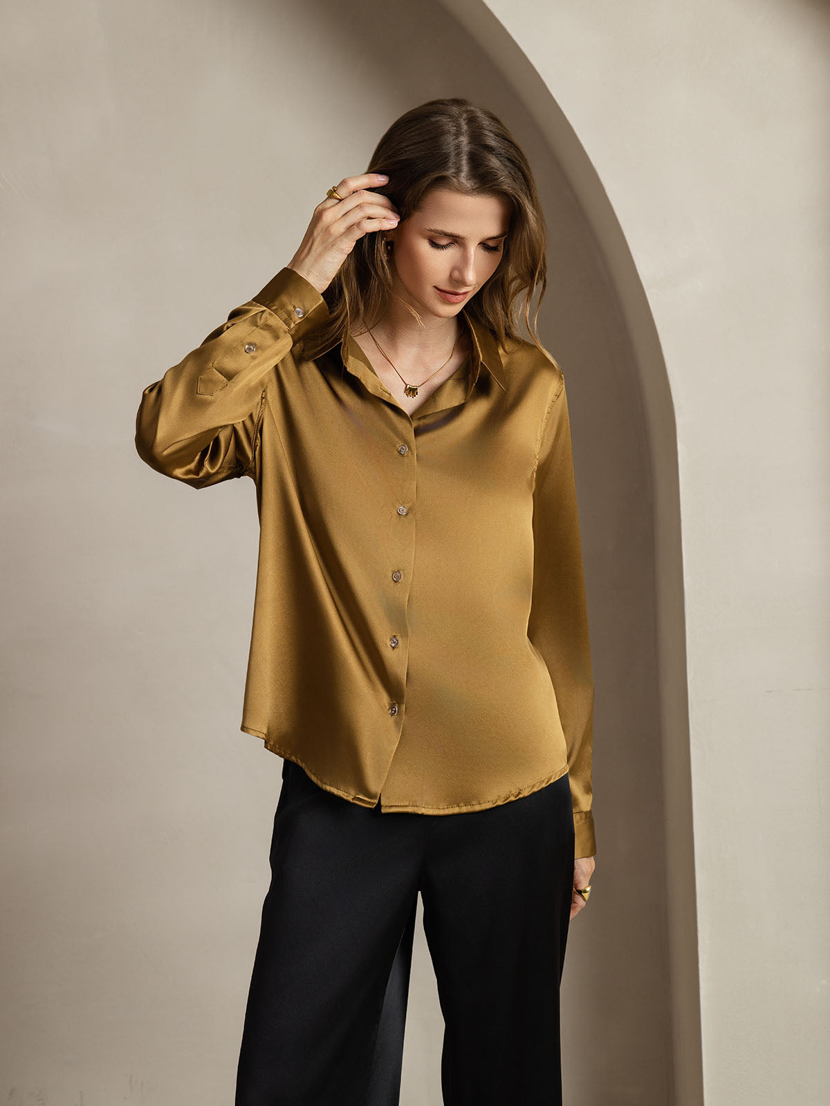 [Bronze] SilkSilky-UK Silk Long Sleeve Collar Women's Shirt 001