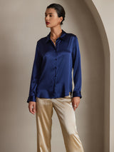 [Dark Blue] SilkSilky-UK Long Sleeve Lapel Collar Women's Shirt 001