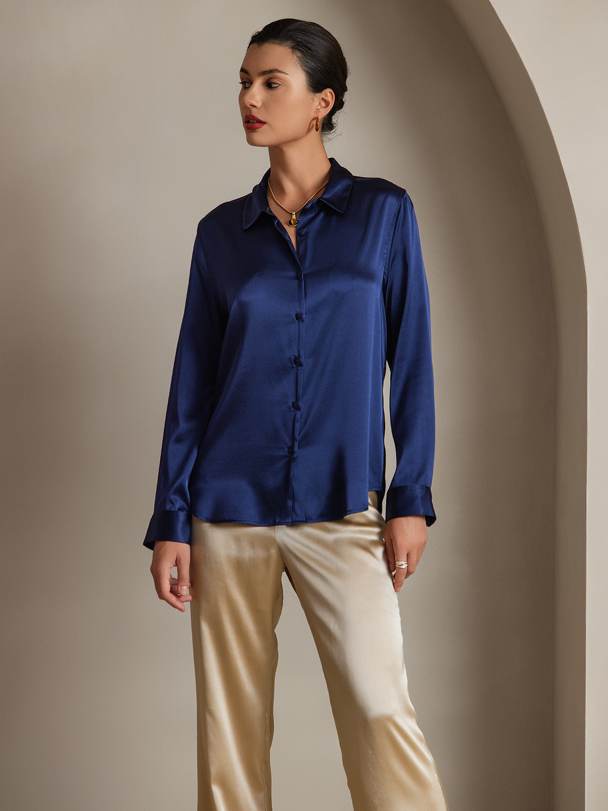 [Dark Blue] SilkSilky-UK Silk Long Sleeve Collar Women's Shirt 001