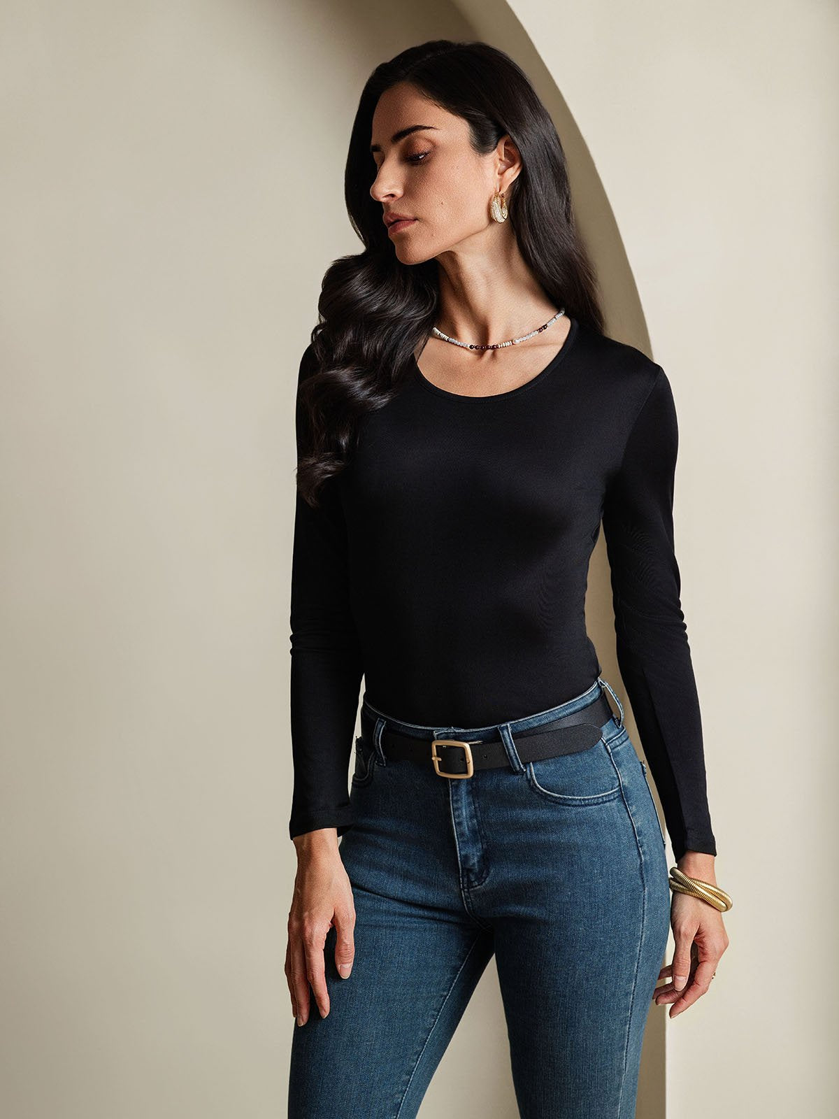 [Black] SilkSilky-UK Silk Long Sleeve Round Neck Women's T-Shirt 004