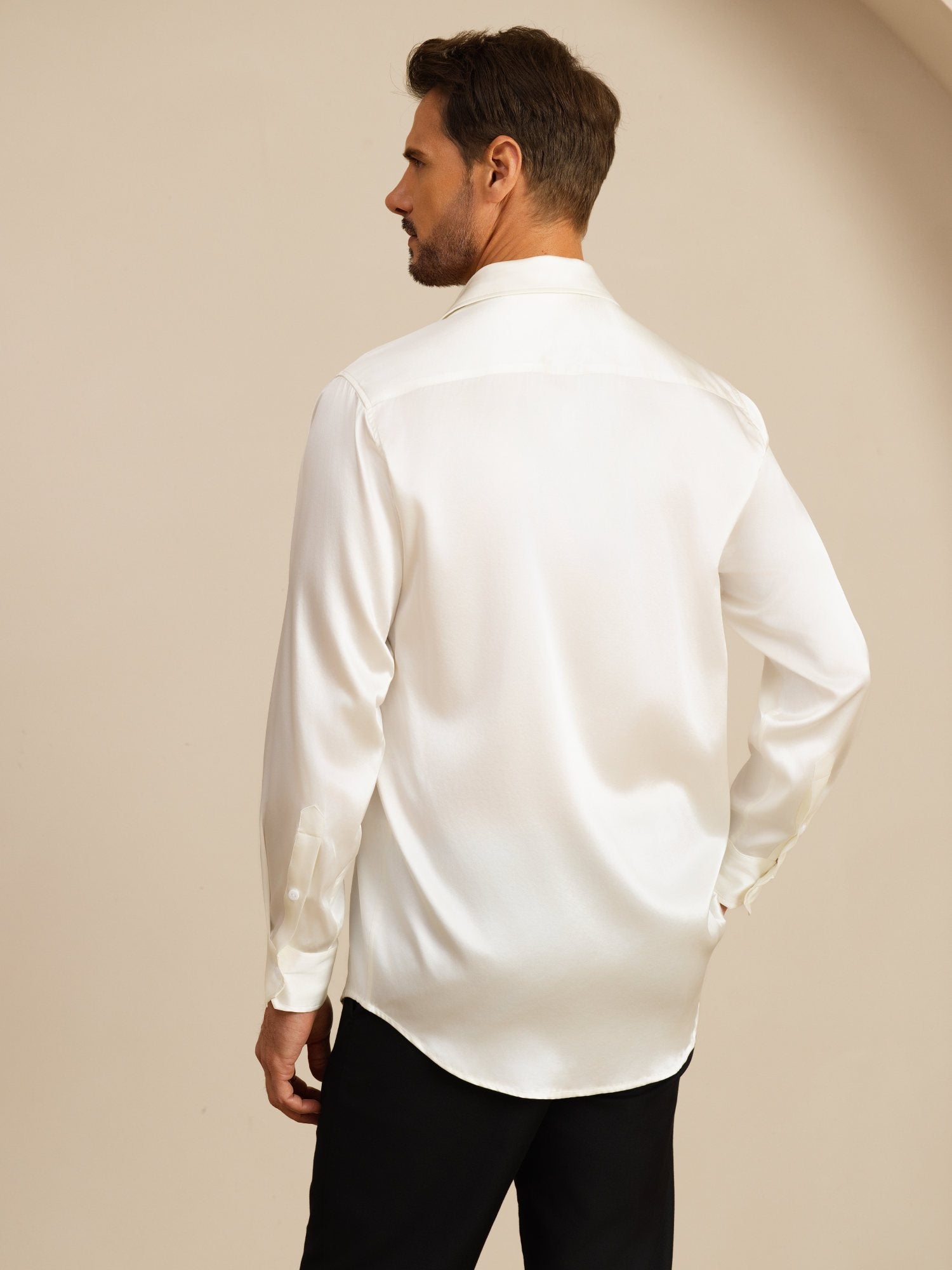 [White] SilkSilky-UK 19Momme Stretch Silk Charmeuse Long Sleeve Lapel Collar Men's Shirt 002