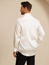 [White] SilkSilky-UK 19Momme Stretch Silk Charmeuse Long Sleeve Lapel Collar Men's Shirt 002