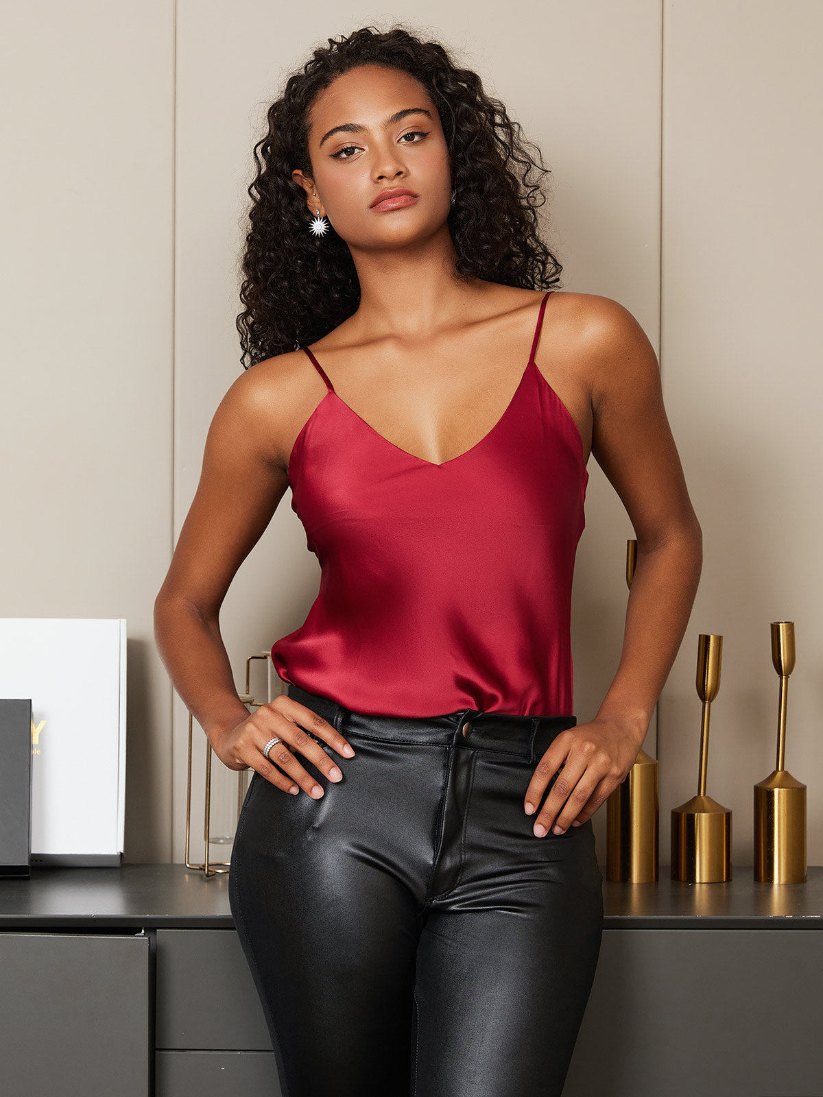 [Dark Red] SilkSilky-UK Pure Silk Sleeveless V Neck Camisole 004