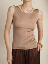 [Coffee] SilkSilky-UK 100% Silk Jersey Sleeveless Round Neck Women's T-Shirt 005