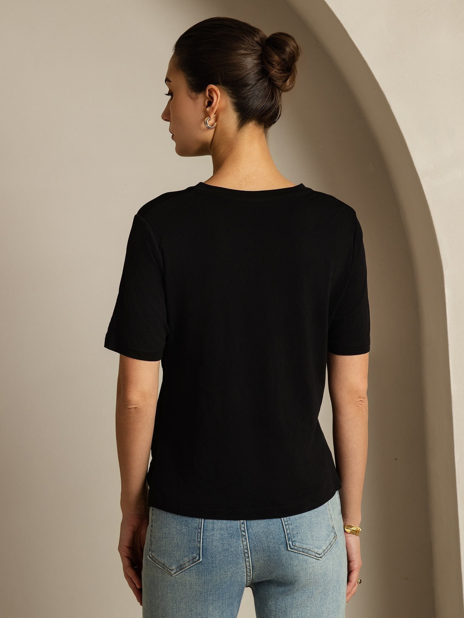 [Black] SilkSilky-UK 100% High-Twist Silk Jersey Short Sleeve V Neck Women's T-Shirt 002