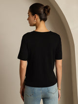 [Black] SilkSilky-UK 100% High-Twist Silk Jersey Short Sleeve V Neck Women's T-Shirt 002