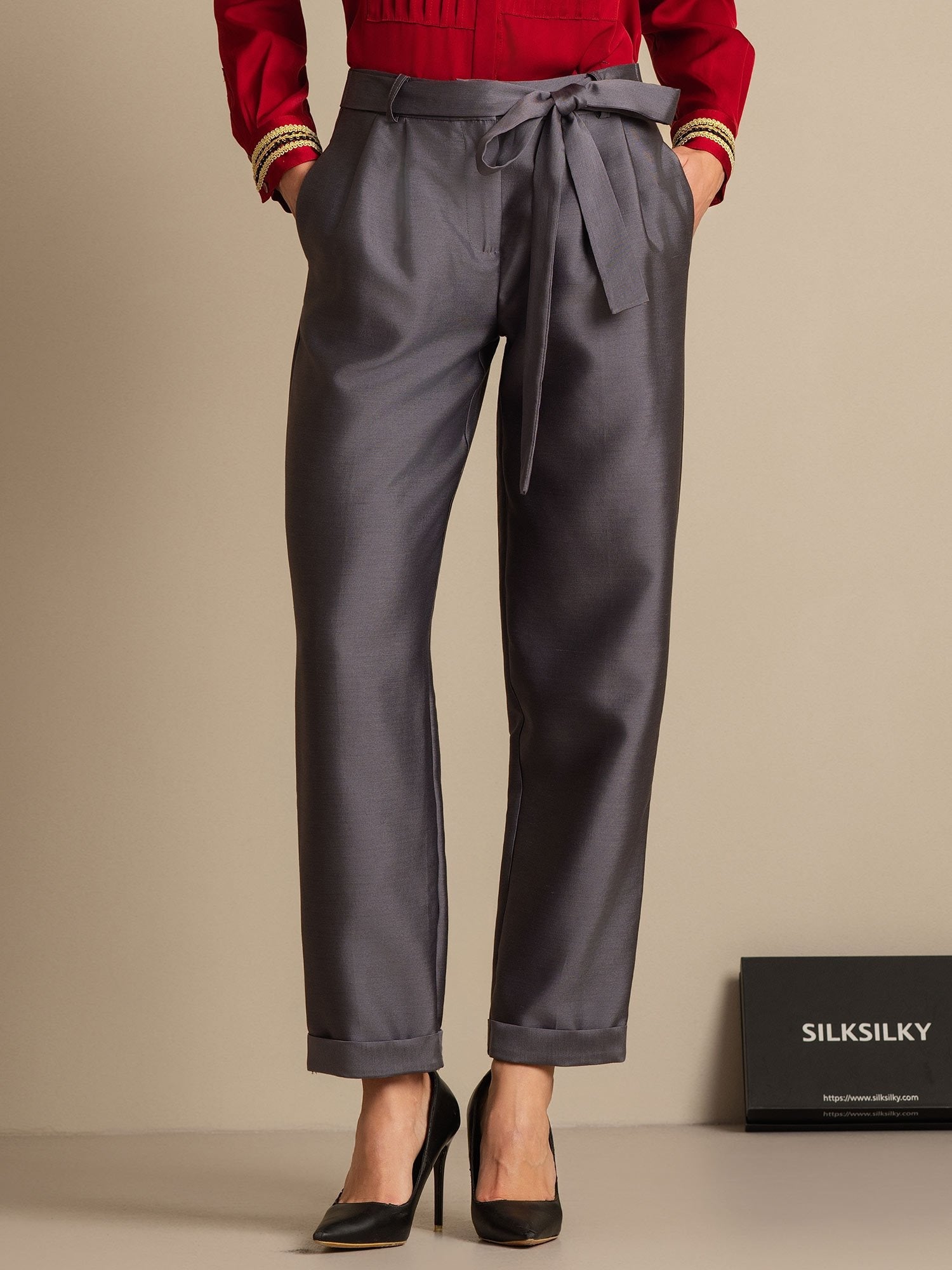 [Gray] SilkSilky-UK 32Momme Silk-Wool Blend Womens Pants 001,