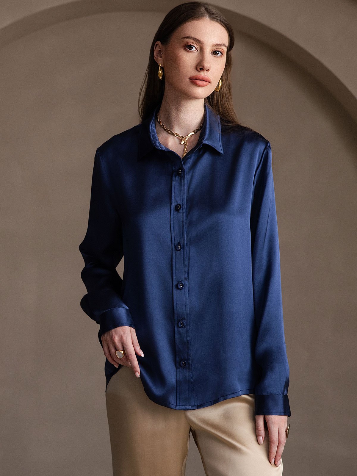 SilkSilky UK 19Momme Silk Long Sleeve Collar Women's Shirt DarkBlue 004