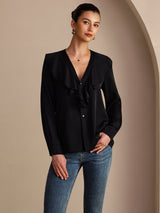 [Black] SilkSilky-UK Long Sleeve Deep V Neck Women's Blouse 001