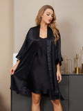 SilkSilky UK Pure Silk 3/4 Sleeve Nightgown&Robe Set Black 001