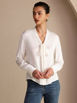 [White] SilkSilky-UK Long Sleeve Tie Neck Women's Blouse 004