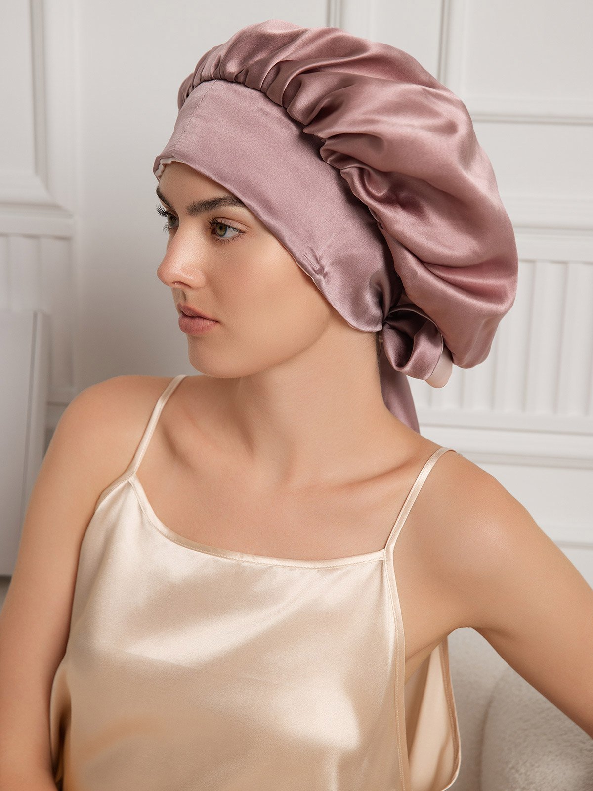 SilkSilky-UK Pure Silk Sleep Cap PaleMauve 001