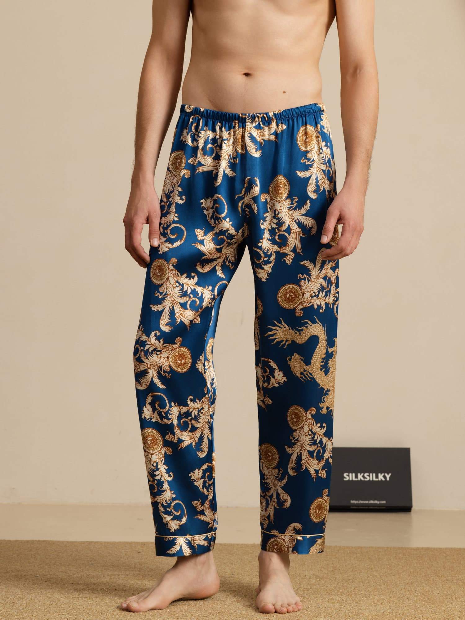 [Navy Dragon] SilkSilky-UK Men's Sleep Shorts 001