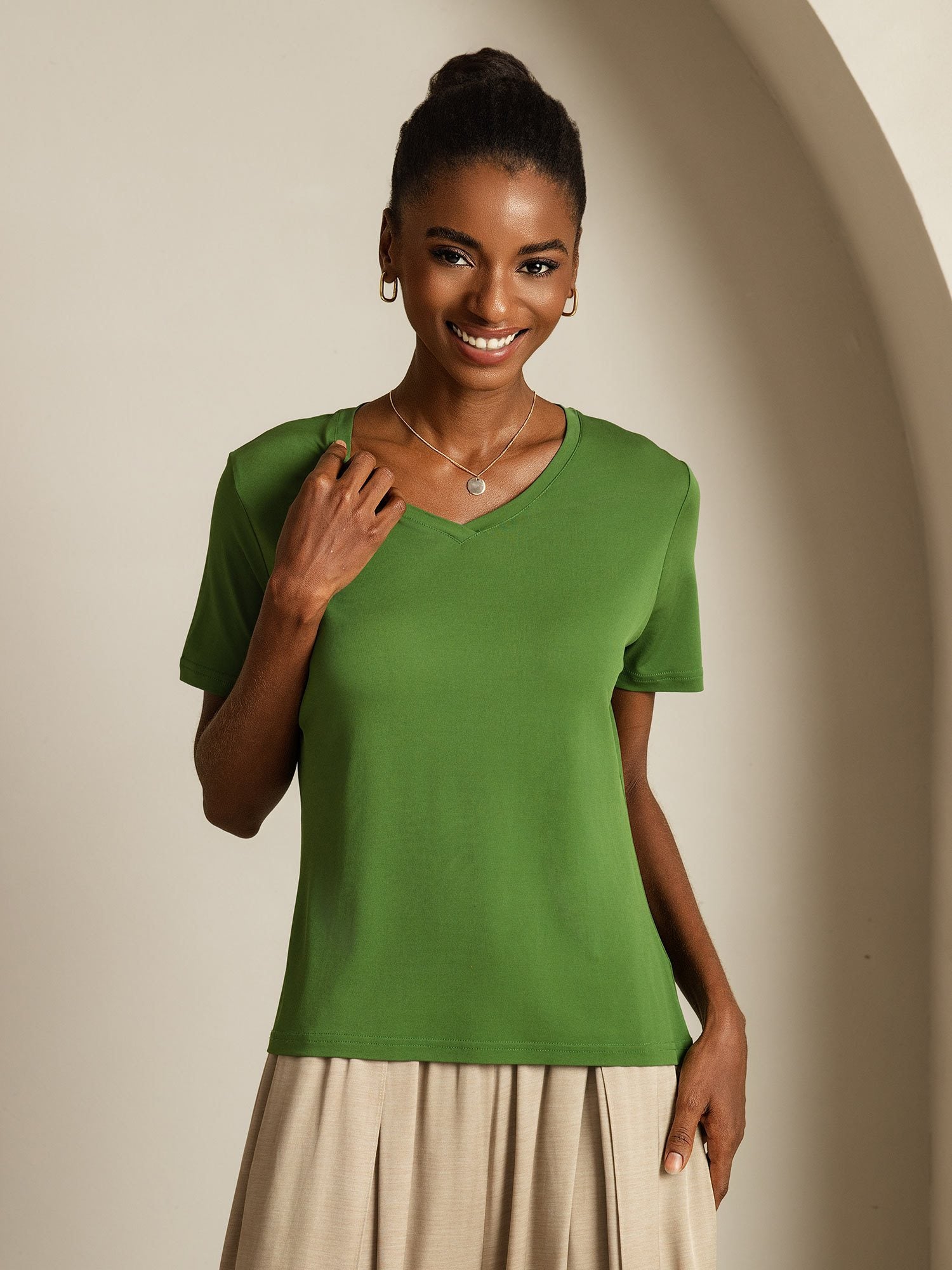 [Green] SilkSilky-UK Pure Silk V Neck Women's T-Shirt 005