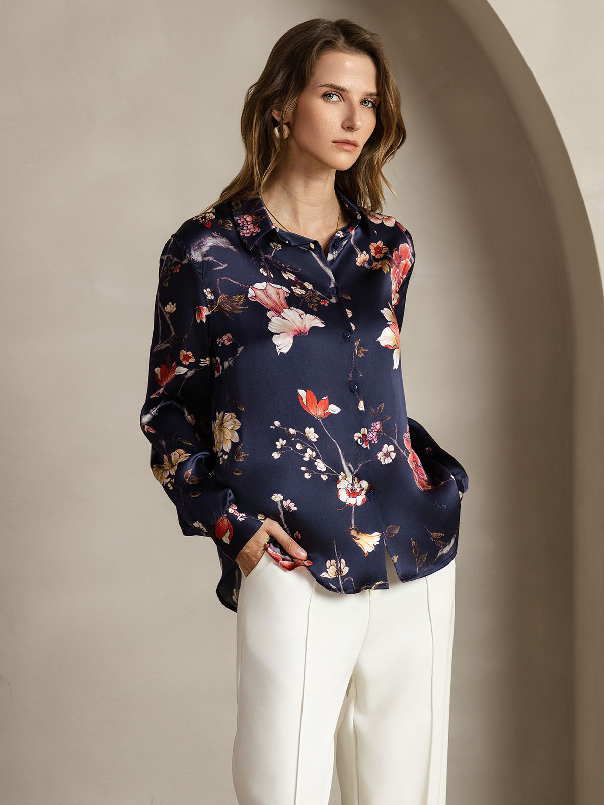 [Navy Floral] SilkSilky-UK Silk Long Sleeve Collar Women's Shirt 001